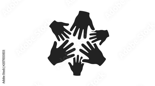 A circular arrangement of diverse human hand silhouettes representing unity and community.