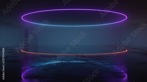 Glowing neon rings illuminate a dark, atmospheric stage with reflective flooring