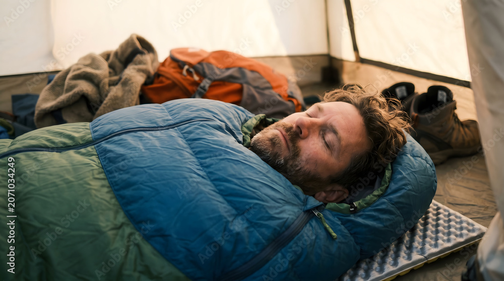 Fototapeta premium Man sleeping in a tent in a sleeping bag