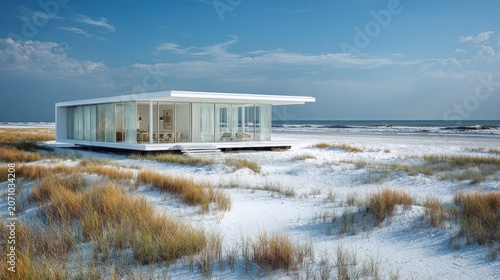 Modern minimalist residence sits elevated above sandy dunes near the ocean shoreline