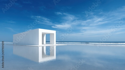 Minimalist white structure stands centered upon calm reflective water beneath a bright blue sky