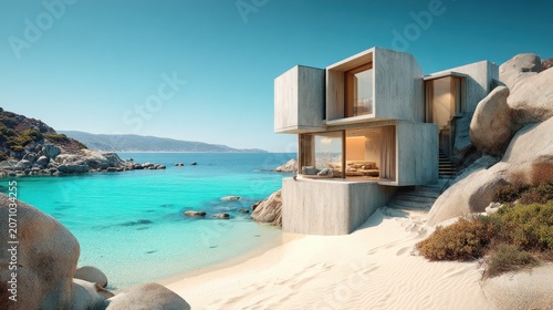 Modern concrete dwelling seamlessly integrates with a secluded, vibrant turquoise ocean coastline.