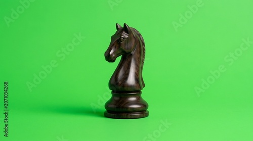 Strategic dark wooden chess knight on green screen