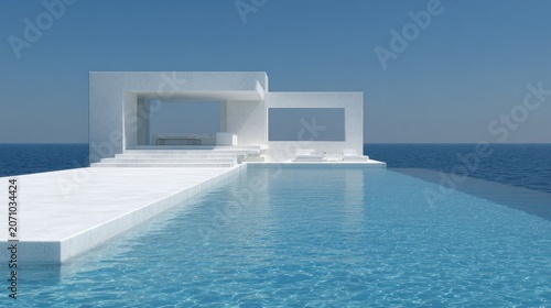 Minimalist white architecture borders a reflective infinity swimming pool merging with the horizon
