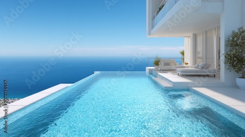 Modern infinity pool overlooks vast blue ocean expanse under clear sky
