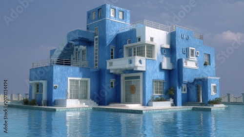 Modern residential structure featuring bright blue exterior walls sits partially submerged in clear water under a pale sky.