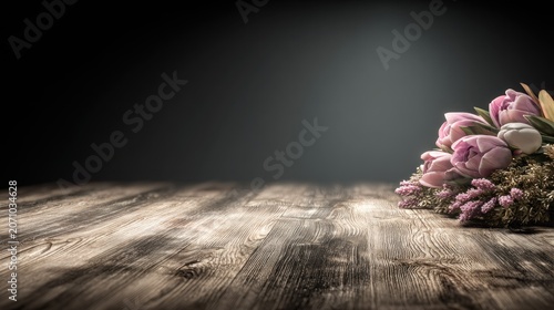 Beautiful pink flowers rest upon a rustic wooden surface against a dark background