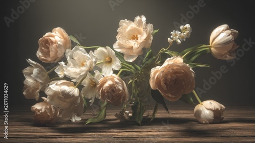 Delicate pale flowers arranged in a glass vase rest upon aged wooden surface under dramatic lighting