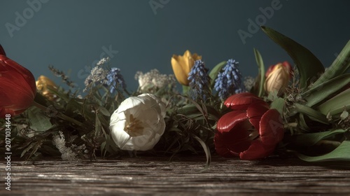 Assortment of colorful springtime blossoms rests upon a weathered wooden surface against a dark backdrop