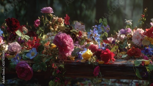 Opulent arrangement of mixed garden blossoms spills across a wooden surface in soft natural light.