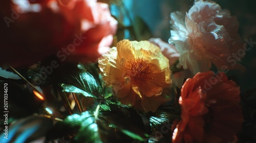 Vibrant blossoms display rich colors under dramatic, focused lighting conditions
