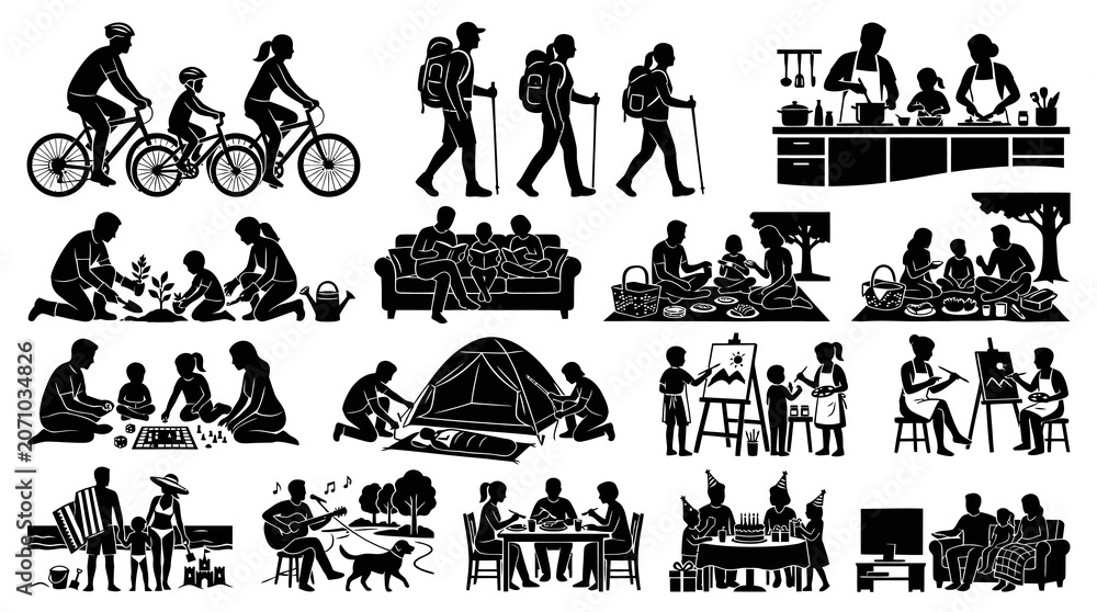 Fototapeta premium Family Lifestyle Leisure Activities Silhouette Icons Set - Daily Life Recreation Glyph Art Style