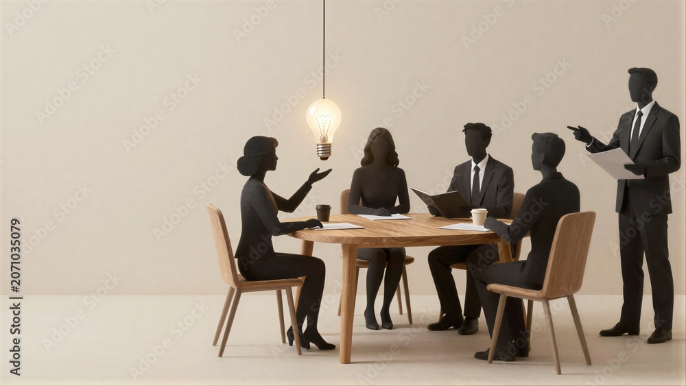 Fototapeta premium Silhouetted business team discusses ideas under a hanging light bulb.