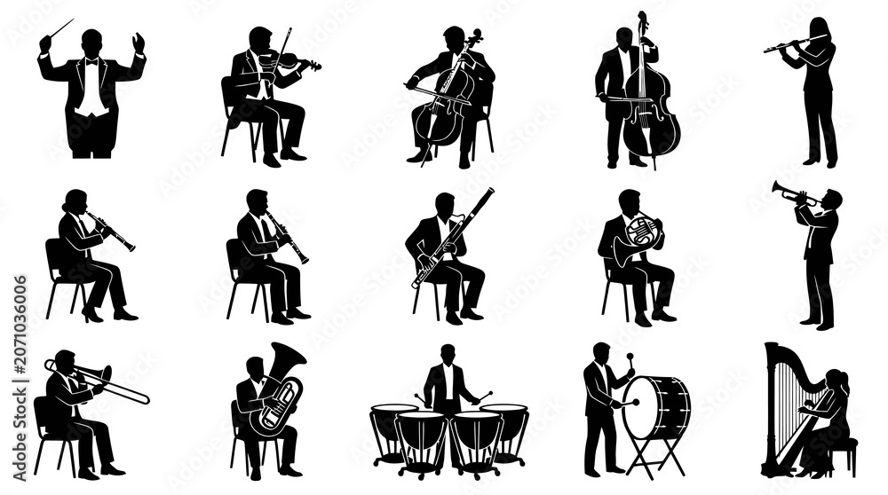 Obraz premium Black and White Vector Icons of Orchestra Musicians Playing Instruments