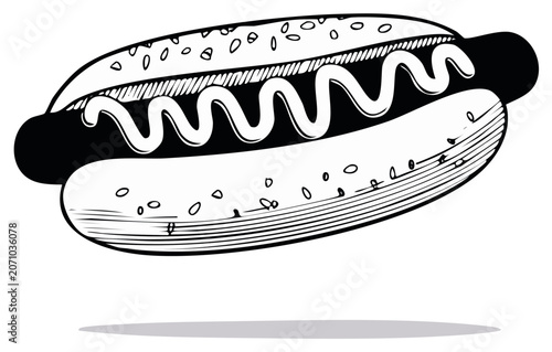 Classic Hot Dog with Mustard Drizzle in Hand Drawn Sketch Style