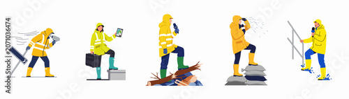 Fotografía Set of meteorologists and news reporters in yellow raincoats reporting from extreme weather conditions like storms, hurricanes, and floods on white background