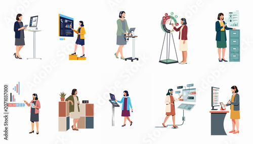 Fotografie Flat vector illustrations of professional women in various office roles including customer support, data analysis, and call center management