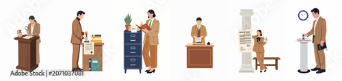 Schilderij op canvas Flat vector illustration set of professional legal and notary services showing lawyers and notaries handling contracts, deeds, and official document certifications