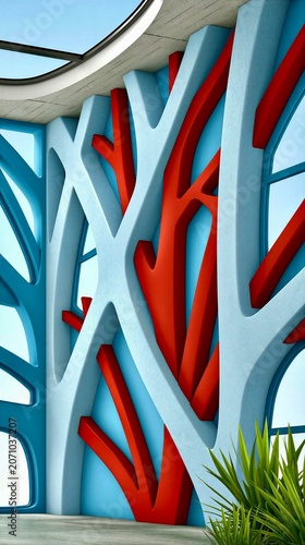 Futuristic Red and Blue Architectural Wall Design
