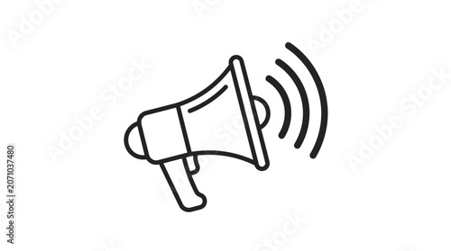 A simple black and white line art illustration of a megaphone icon.