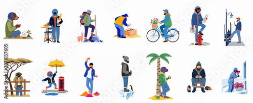 Foto Vector illustration set featuring diverse characters and anthropomorphic animals engaged in various travel, leisure, and adventure activities across different global environments