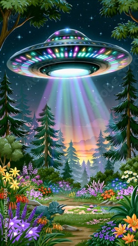 Colorful UFO Flying Over Magical Forest at Night Illustration