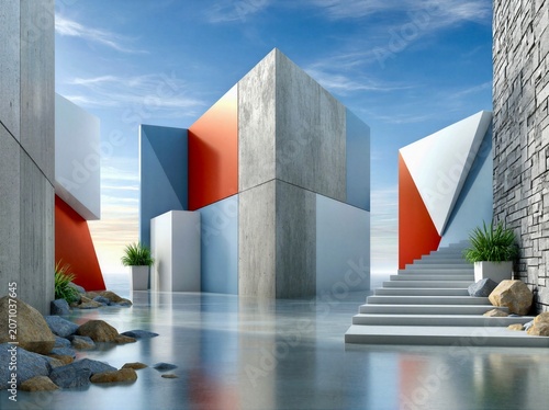 Modern Concrete Geometric Architecture With Reflective Water