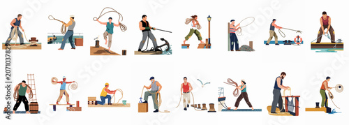 Obraz na plátně A collection of nautical illustrations featuring sailors and dockworkers performing various tasks with ropes, anchors, and equipment at a port or ship