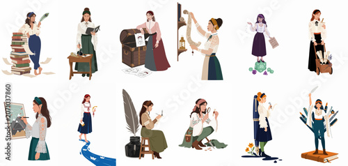 Schilderij op canvas A set of flat illustrations of female elf scholars and scribes engaged in various activities like reading, writing, and researching in a fantasy setting