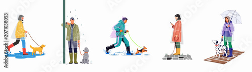 Fotografía Set of diverse people walking their dogs in rainy weather wearing raincoats and boots, splashing in puddles and using umbrellas