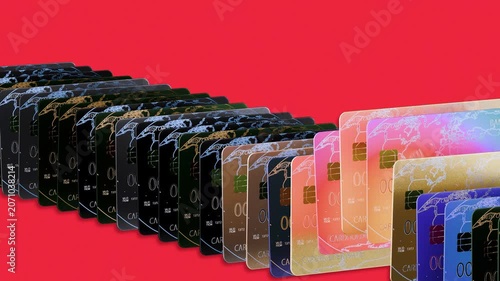 Multiple Credit Cards Rising in Sequence on Red Background – 3D Payment Concept 4K