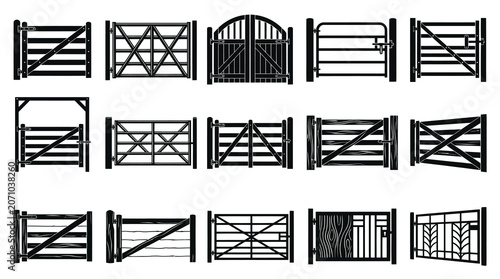 Agriculture Farm Gates  Garden Entrances Black Silhouette Vector Icon Set. Rural Property Collection.