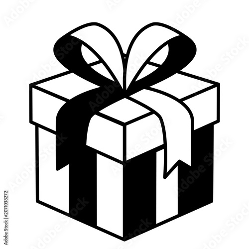 Minimalist black and white gift box icon with a ribbon bow. Simple isometric vector illustration of a present, perfect for holiday, birthday, celebration, shopping, and surprise concepts.
