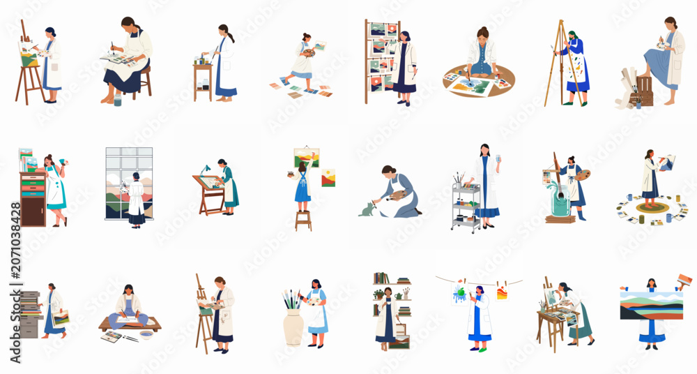 Fototapeta premium Collection of flat vector illustrations of female artists engaged in diverse creative activities, including painting, drawing, and studio organization.