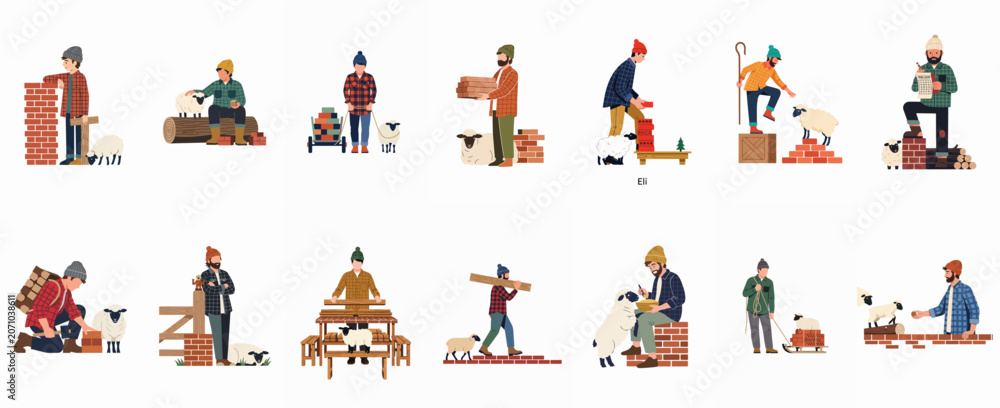 Fototapeta premium Flat illustration collection of male characters in rustic outdoor clothing working with sheep, bricks, and wood in various rural activities.