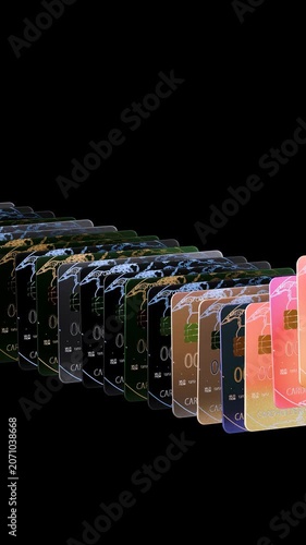 Vertical Multiple Credit Cards Rising in Sequence on Black Background – 3D Finance 4K