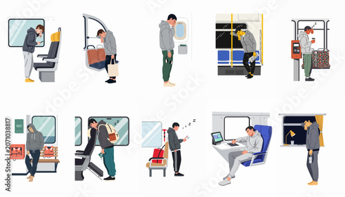 Obraz na plátne A collection of illustrations depicting a young man experiencing fatigue, exhaustion, and boredom during his daily commute and long-distance travels