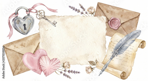 Vintage love letter, romantic stationery, heart lock key, floral border, antique correspondence