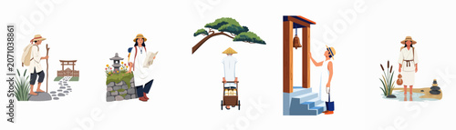 Photos Collection of illustrations depicting Japanese pilgrimage culture, featuring travelers in traditional attire, shrine gates, stone lanterns, and spiritual activities in nature