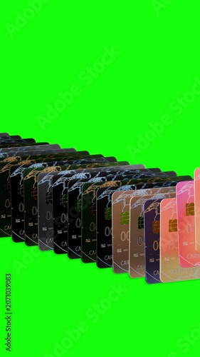 Vertical Multiple Credit Cards Rising in Sequence on Green Background – 3D Banking Animation 4K