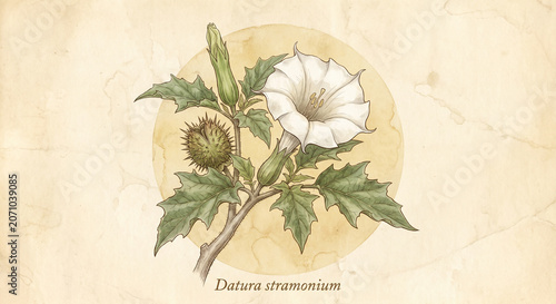 Datura stramonium, Jimsonweed, White Flower, Botanical Illustration, Vintage Style
