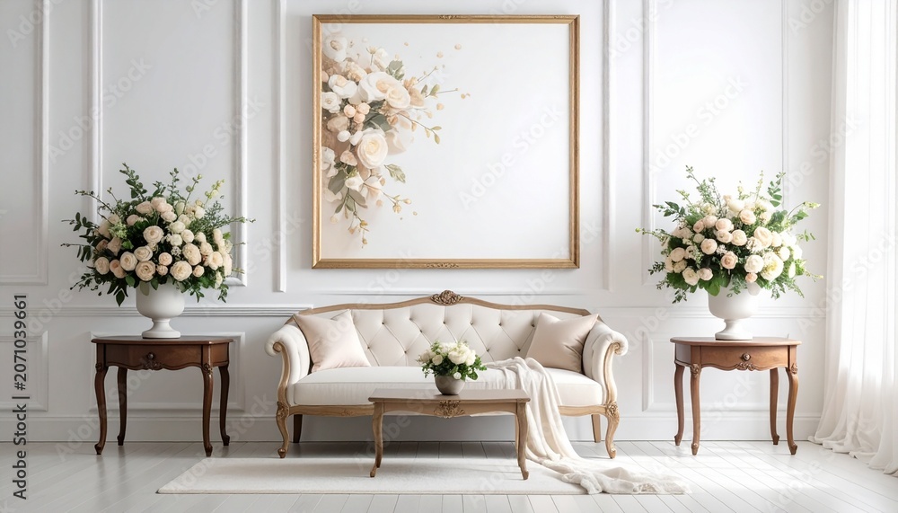 Fototapeta premium Elegant interior with sofa, flowers, and artwork in a bright room.