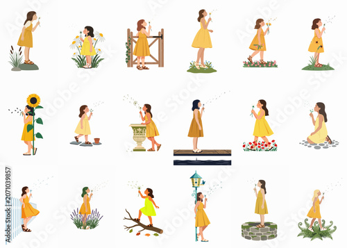 Photos Collection of Illustrations Featuring Young Girls in Yellow Dresses Blowing Dand