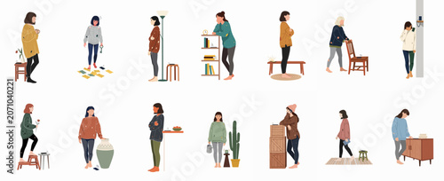 Foto Vector illustration set of women in various poses waiting anxiously for a phone call or message at home