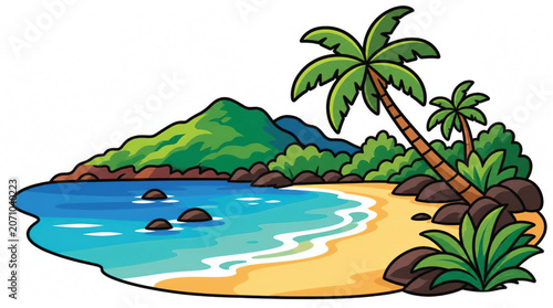 Tropical palm trees on sandy shore.