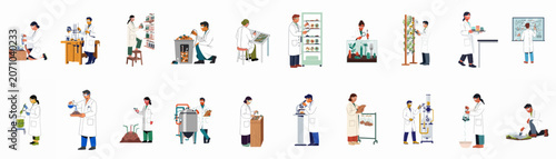 Billede på lærred Scientists and researchers conducting diverse laboratory and field experiments in biology, chemistry, and environmental science across various professional settings
