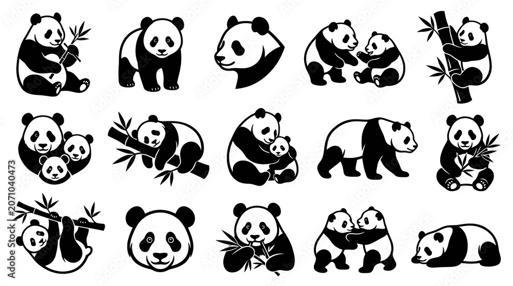 Obraz premium Cute Black and White Panda Bears and Cubs Glyph Vector Illustrations for Nature Wildlife Design