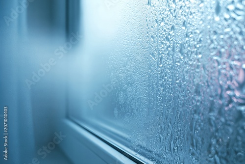 Water condensation droplets on window glass with soft blue tone background