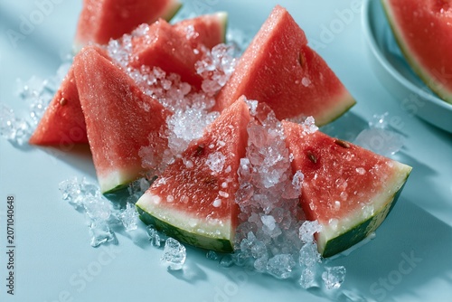 Fresh watermelon slices with crushed ice on light blue summer background