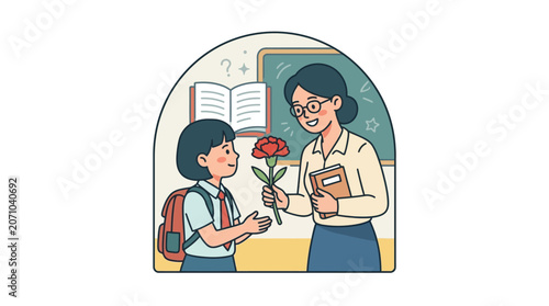School Student Giving Flower to Teacher in Classroom